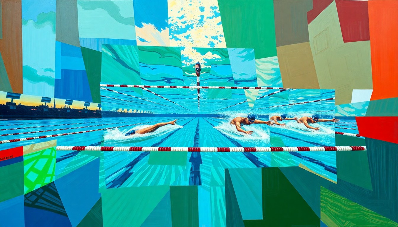 A cubist-style painting depicting a fragmented, geometric representation of a swimming competition or training session, with overlapping planes of vibrant colors like blue, green, and red, conveying the dynamic energy and potential of the next generation of elite swimmers.