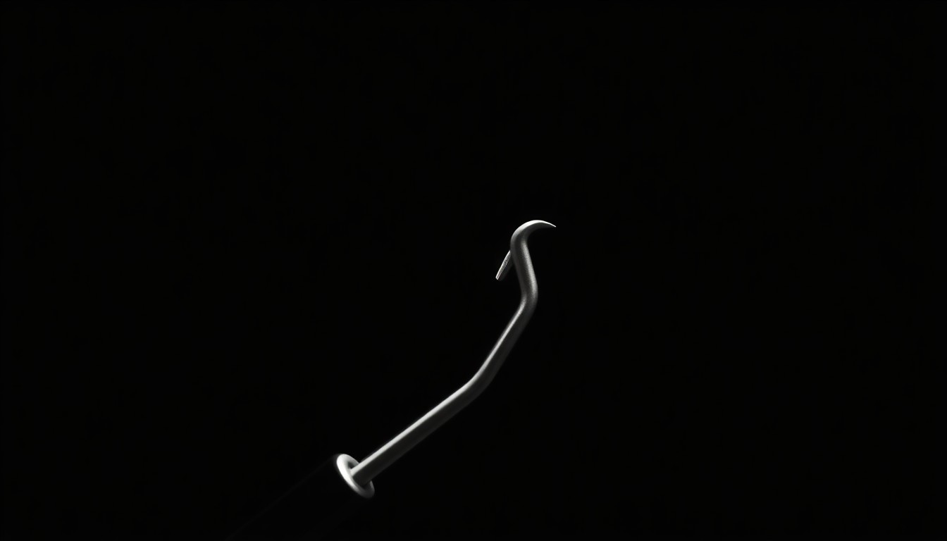 An extreme close-up photograph of a metal dental tool or instrument, its surface reflecting the stark light of a direct camera flash against a pitch-black background, creating a gritty, investigative aesthetic to represent the serious nature of this crime.