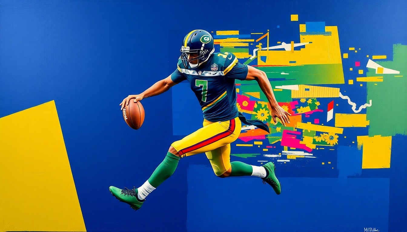 A cubist, geometric painting depicting a football player in mid-stride, with the player's body and motion broken down into sharp, overlapping planes of navy blue, forest green, and bright gold, capturing the explosive energy of the sport.