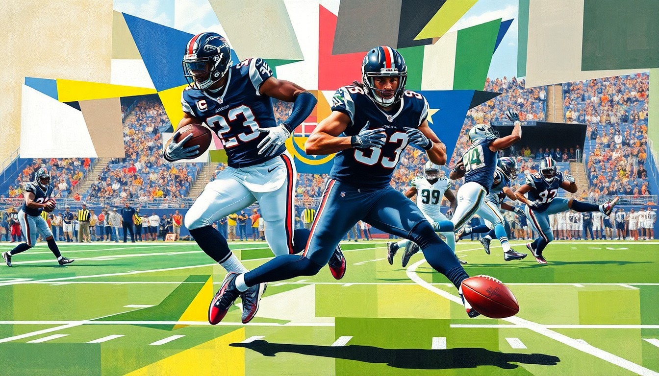 A cubist-style painting depicting Lamar Jackson's football movements broken down into sharp, overlapping geometric shapes and planes, conceptually representing the multifaceted nature of his game and the scrutiny he faces.