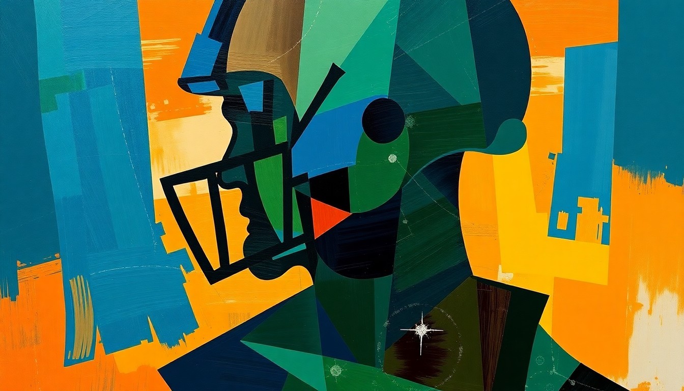 A fragmented, cubist-style painting depicting the silhouette of a football player, broken down into sharp, overlapping geometric shapes in a palette of deep blue, forest green, and burnt orange, conveying the multifaceted nature of Decker's career decision.