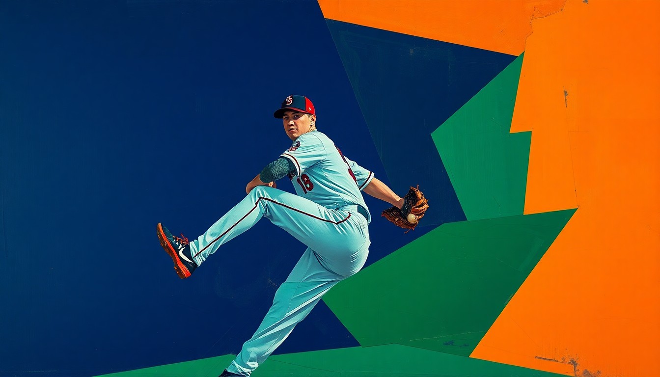 A fragmented, geometric painting depicting the motion of a baseball pitcher's delivery, with sharp planes of navy, green, and orange overlapping to create a dynamic, abstract representation of the sport.