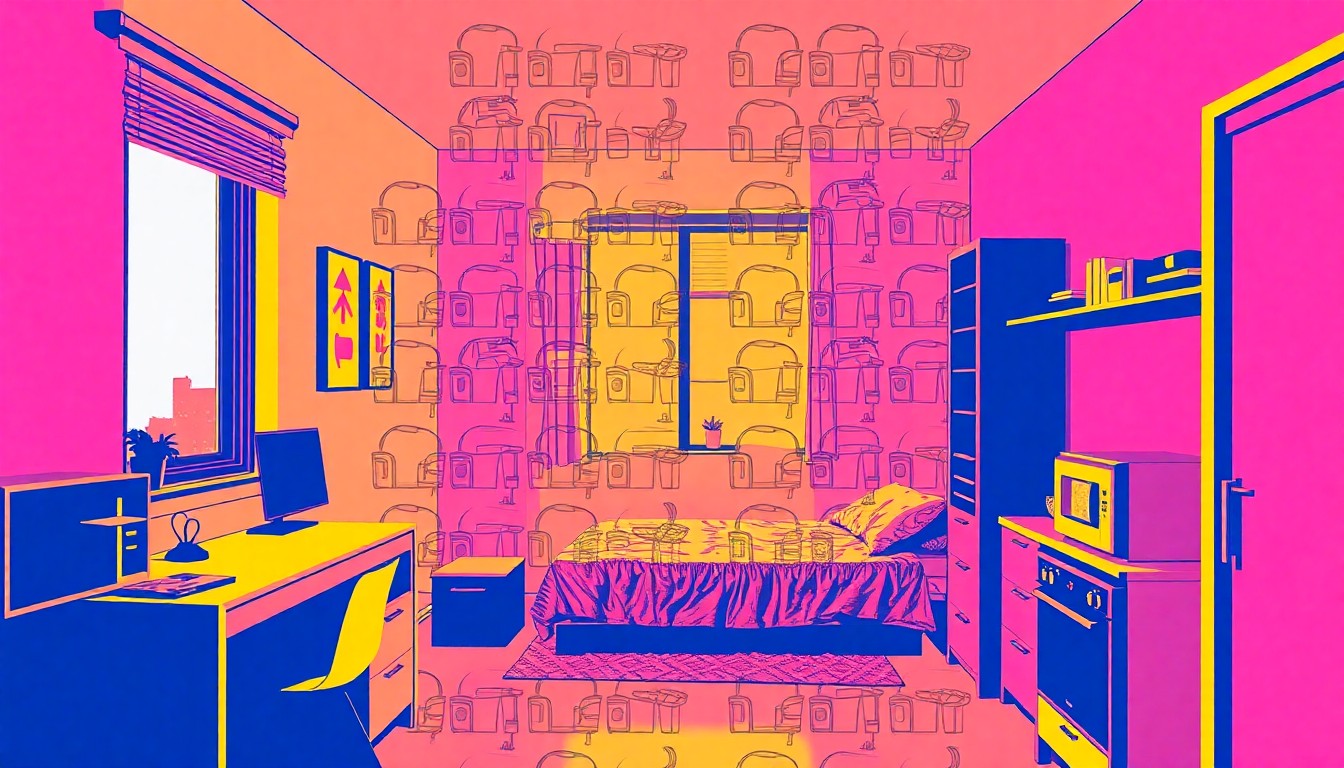 A brightly colored, high-contrast silkscreen print of a student desk, repeated in a tight grid pattern with overlapping neon colors and heavy black outlines, conceptually representing the modern, independent living experience of the Hopper House student accommodation.