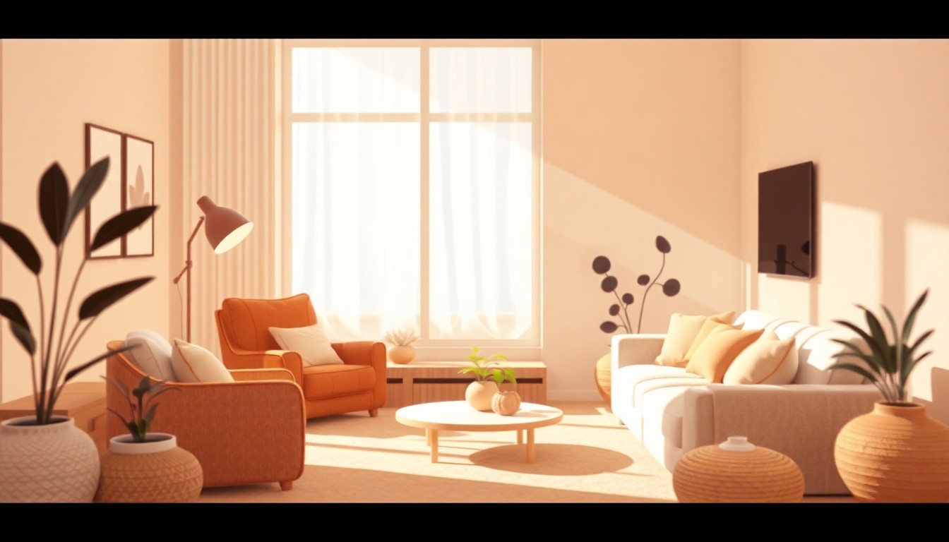 An extremely abstracted, out-of-focus photograph in warm, earthy tones, depicting the soft, textured shapes and natural materials of a minimalist living room.