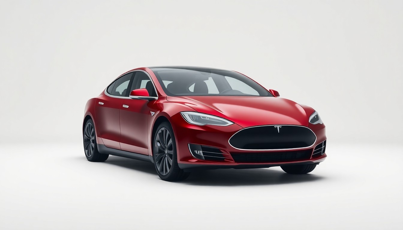 An extreme close-up of a Tesla Model S Plaid Signature Edition in a deep red color, featuring a smooth, minimalist exterior design with clean lines and subtle metallic accents, conceptually representing the exclusive nature of this final model run.