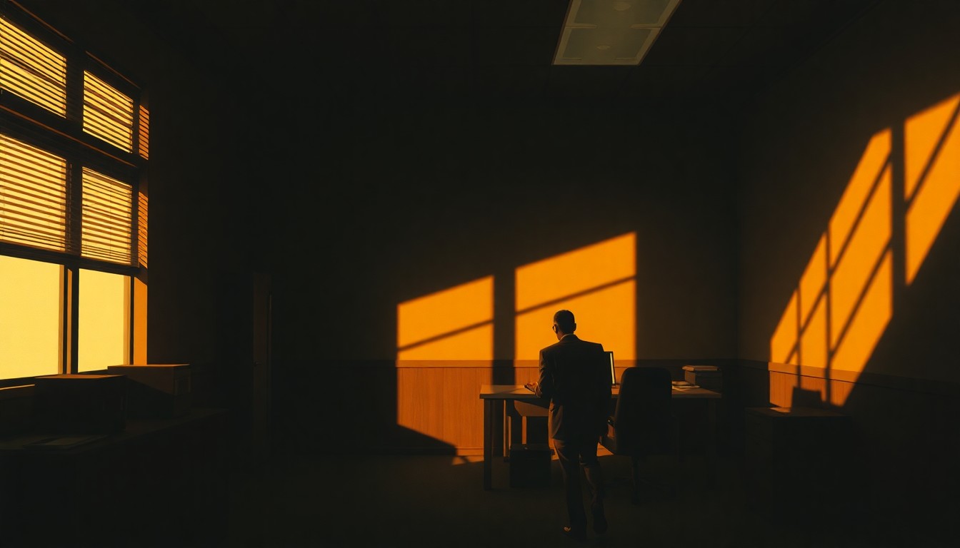 A serene, cinematic painting depicting a lone businessman sitting at a desk in a dimly lit office, the scene bathed in warm, diagonal sunlight and deep shadows, conveying a sense of solitude and contemplation.