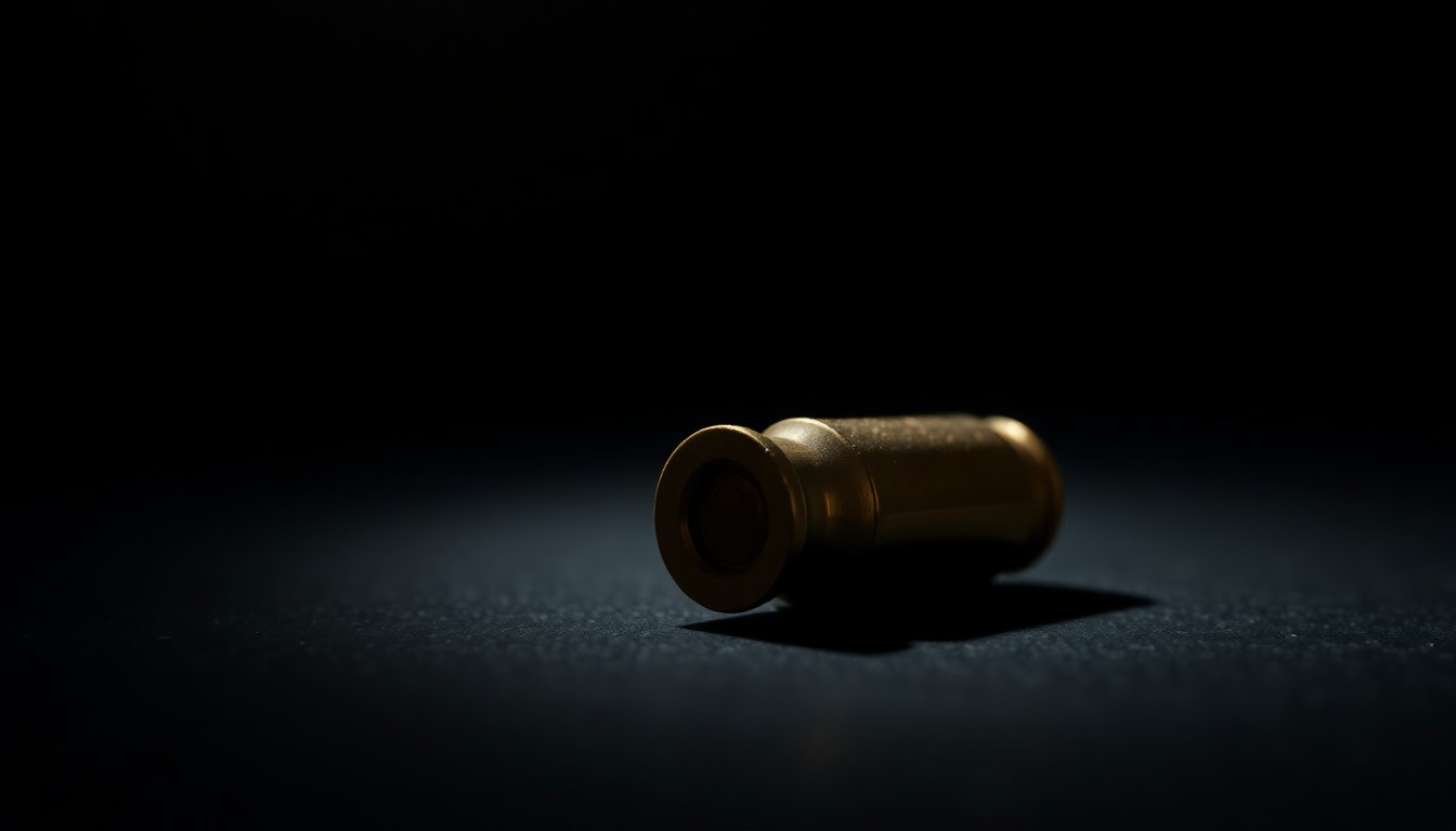 An extreme close-up photograph of a spent bullet casing on a dark surface, lit by a harsh, direct camera flash, creating a stark, investigative aesthetic.