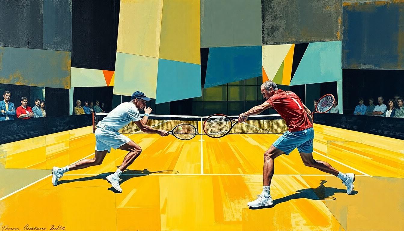 A cubist-style painting depicting a tennis match between two players, their figures fragmented and abstracted into sharp, overlapping geometric shapes, capturing the dynamic energy and competitive spirit of the game.