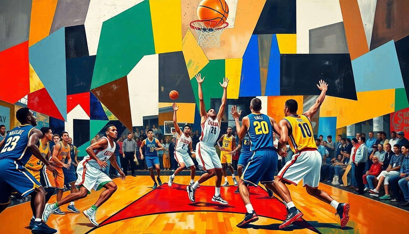 A fragmented, geometric painting depicting the dynamic movements and fashion choices of basketball players, rendered in a cubist style with sharp, overlapping planes of color and form.