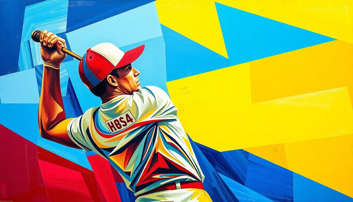 A fractured, multi-perspective painting depicting the deconstructed movements of a baseball or golf swing, using vibrant colors and sharp geometric shapes to capture the technical precision and athletic power of Cevallos' coaching methods.