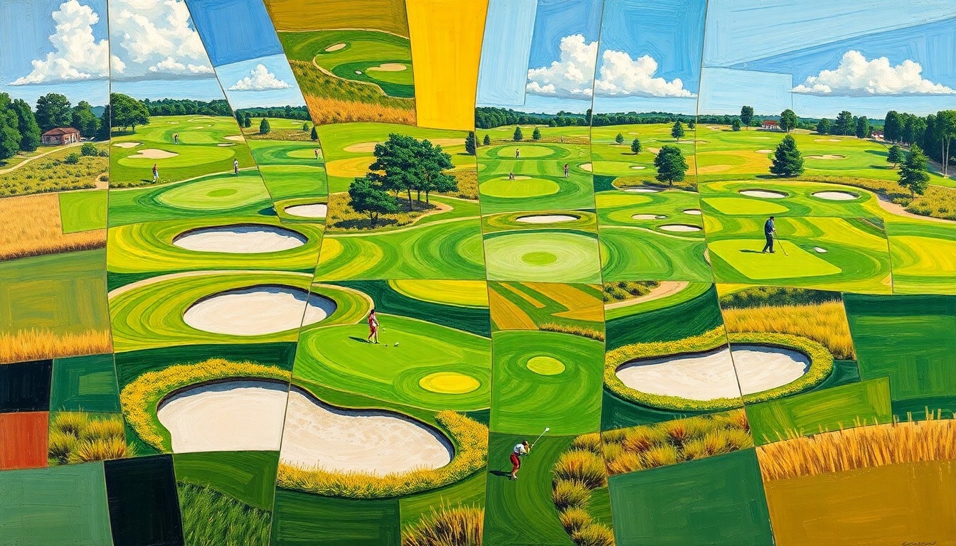 A fragmented, geometric painting depicting a college golf tournament, with overlapping planes of green fairways, sand traps, and golfers in motion, conveying the competitive spirit and technical precision of the sport.