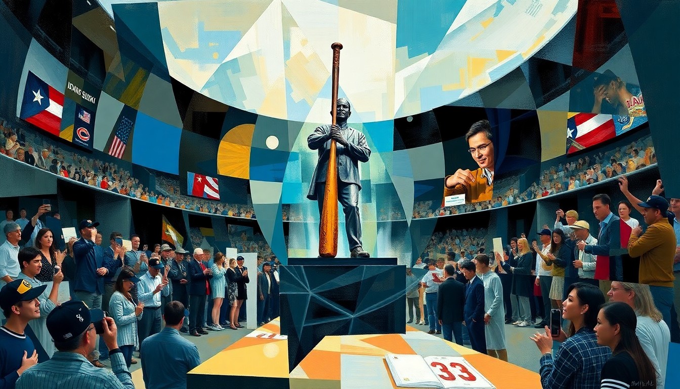 A cubist, geometric painting depicting the fractured, multi-perspective scene of Ichiro Suzuki's statue unveiling, with the broken bat as the central focus, surrounded by abstract shapes and colors representing the crowd and setting.