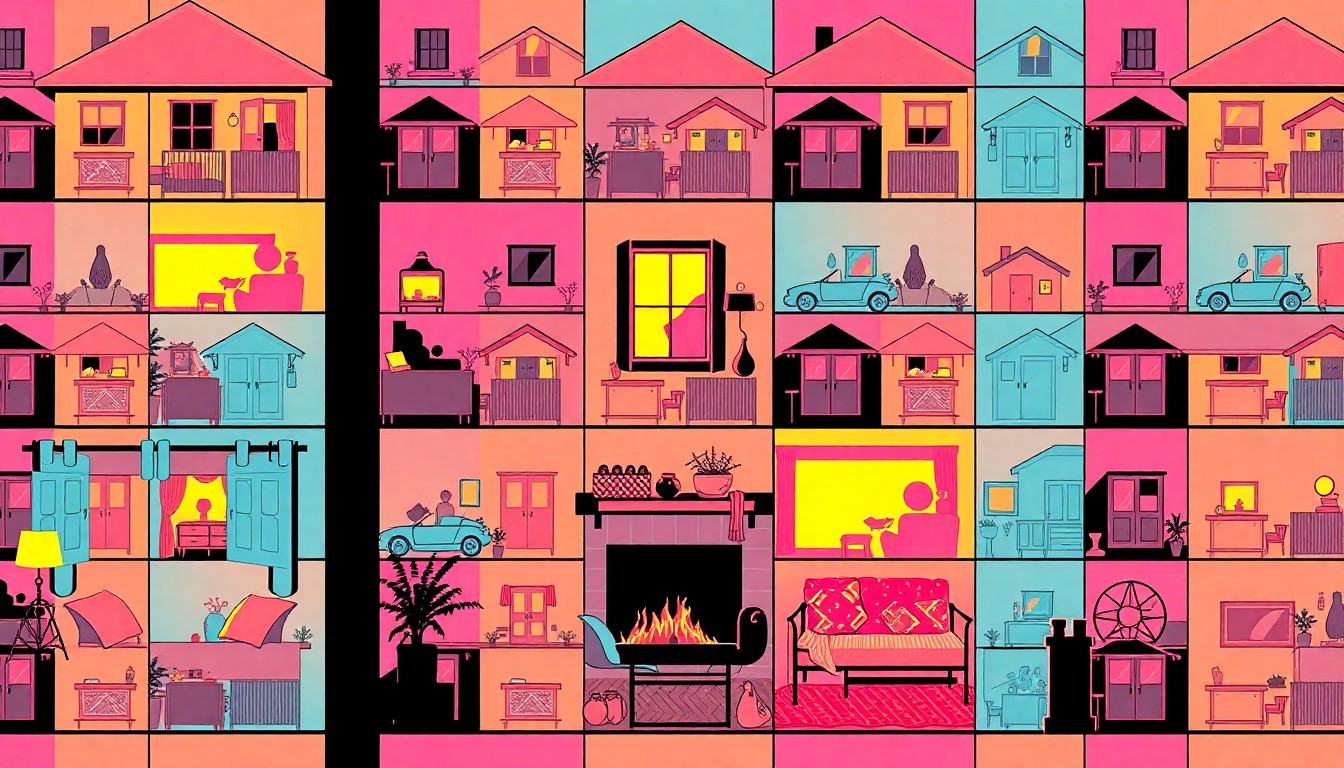 A brightly colored, high-contrast silkscreen print featuring a repeated pattern of a cozy family home interior, conveying the warmth and vulnerability of local communities navigating change.