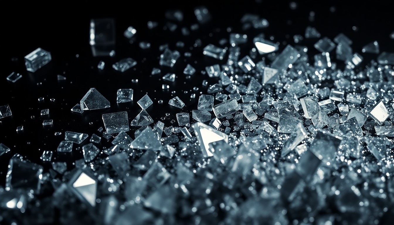 An extreme macro photograph capturing the shattered, glittering textures of metal guitar strings, drum hardware, and other stage equipment, conveying the intense, high-octane spirit of a Vended live show.