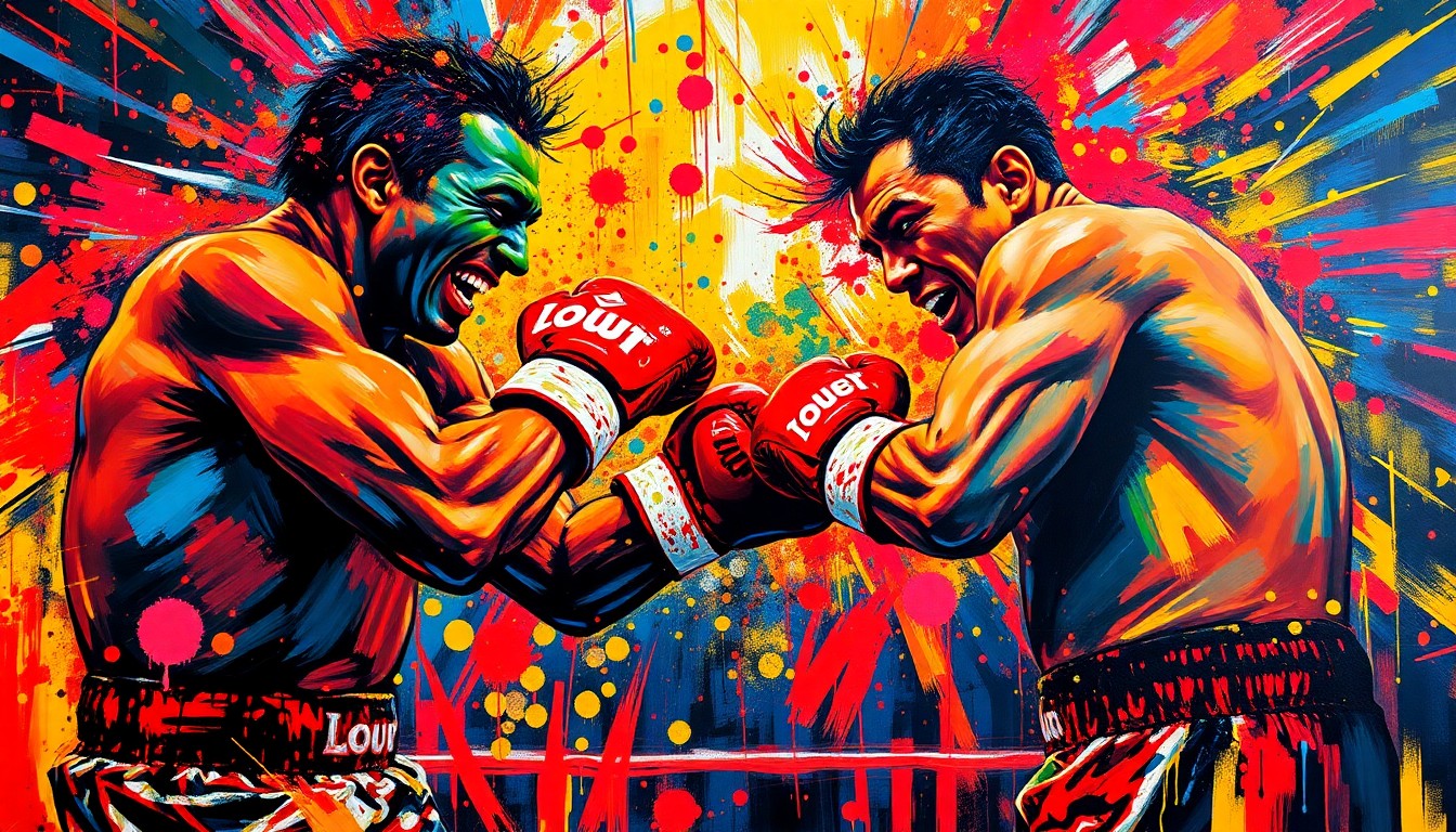 An abstract, expressionist painting in neon colors capturing the violent energy of a boxing match, with the figures of the fighters dissolving into unrecognizable splatters of paint.