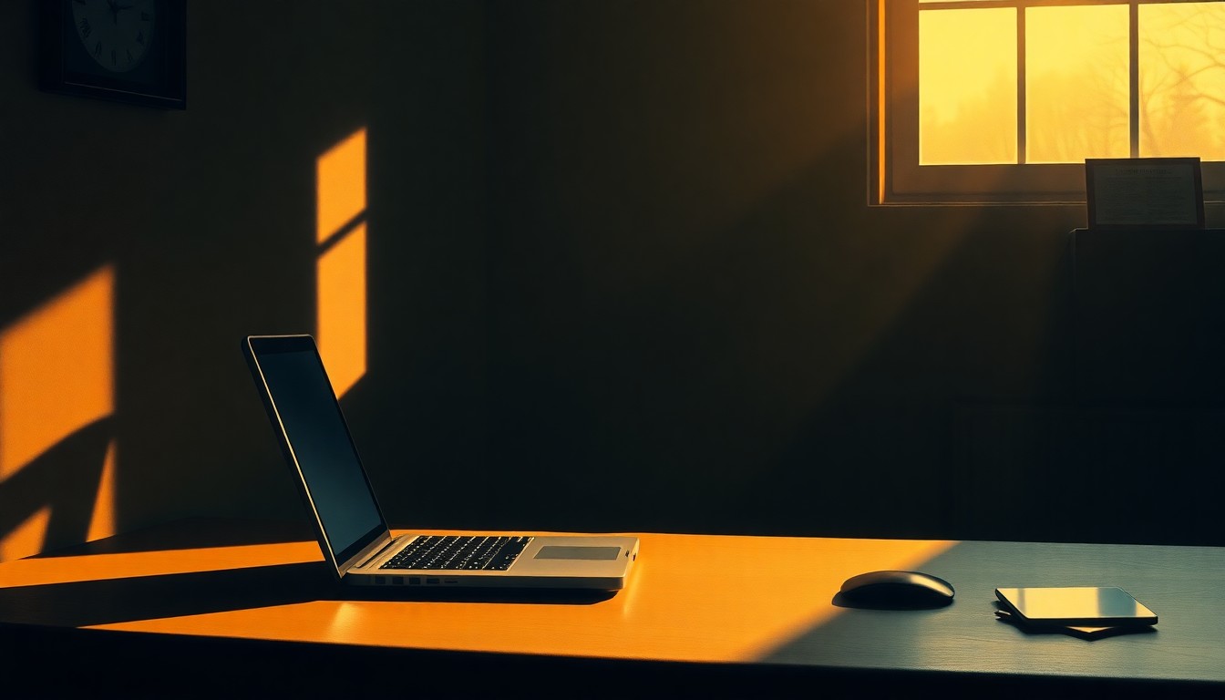 A serene, cinematic painting of a laptop computer on a desk, with warm sunlight and deep shadows creating a contemplative mood, conceptually representing the ongoing controversies surrounding Hunter Biden.