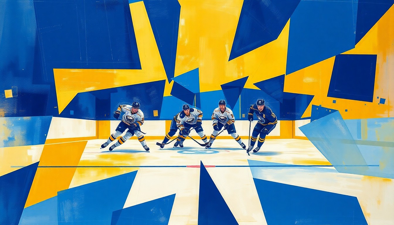 A cubist, geometric illustration depicting a Sabres power play sequence, with overlapping planes of blue and gold representing the fractured, multi-perspective nature of the play.