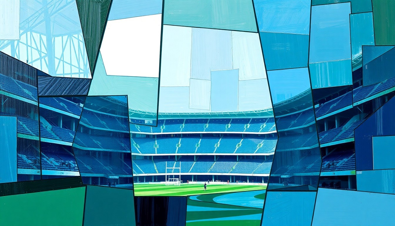 A cubist, geometric painting depicting the exterior of a large sports stadium, with the facade broken down into sharp, overlapping planes of blue, green, and gray, conveying the changing identity of the venue as it prepares to host the 2026 FIFA World Cup.