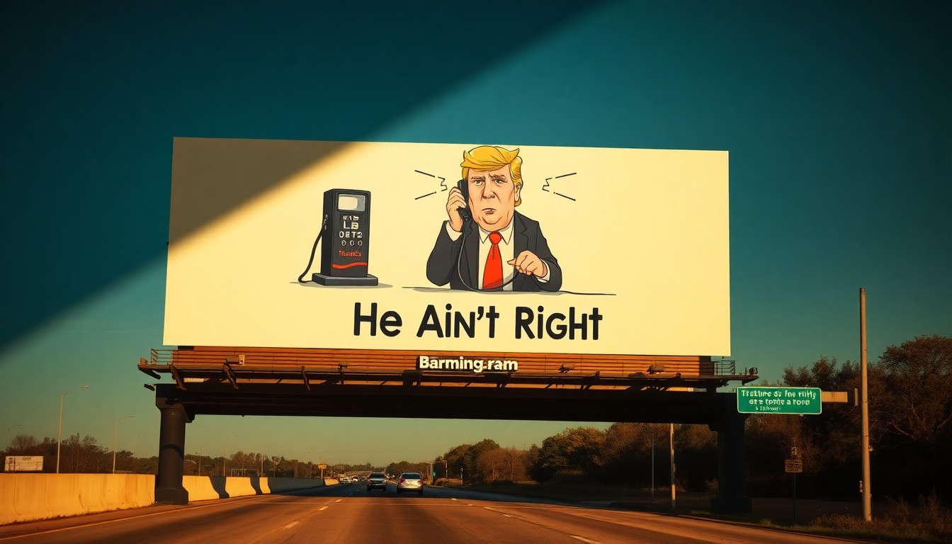 A cinematic, nostalgic painting of a solitary, oversized billboard on a highway entrance ramp in Birmingham, Alabama. The billboard features a caricature of a man in a red MAGA hat trying to use a gas pump as a phone, with gasoline jets coming out of his ears, conceptually illustrating frustration with rising gas prices and the former president's policies.