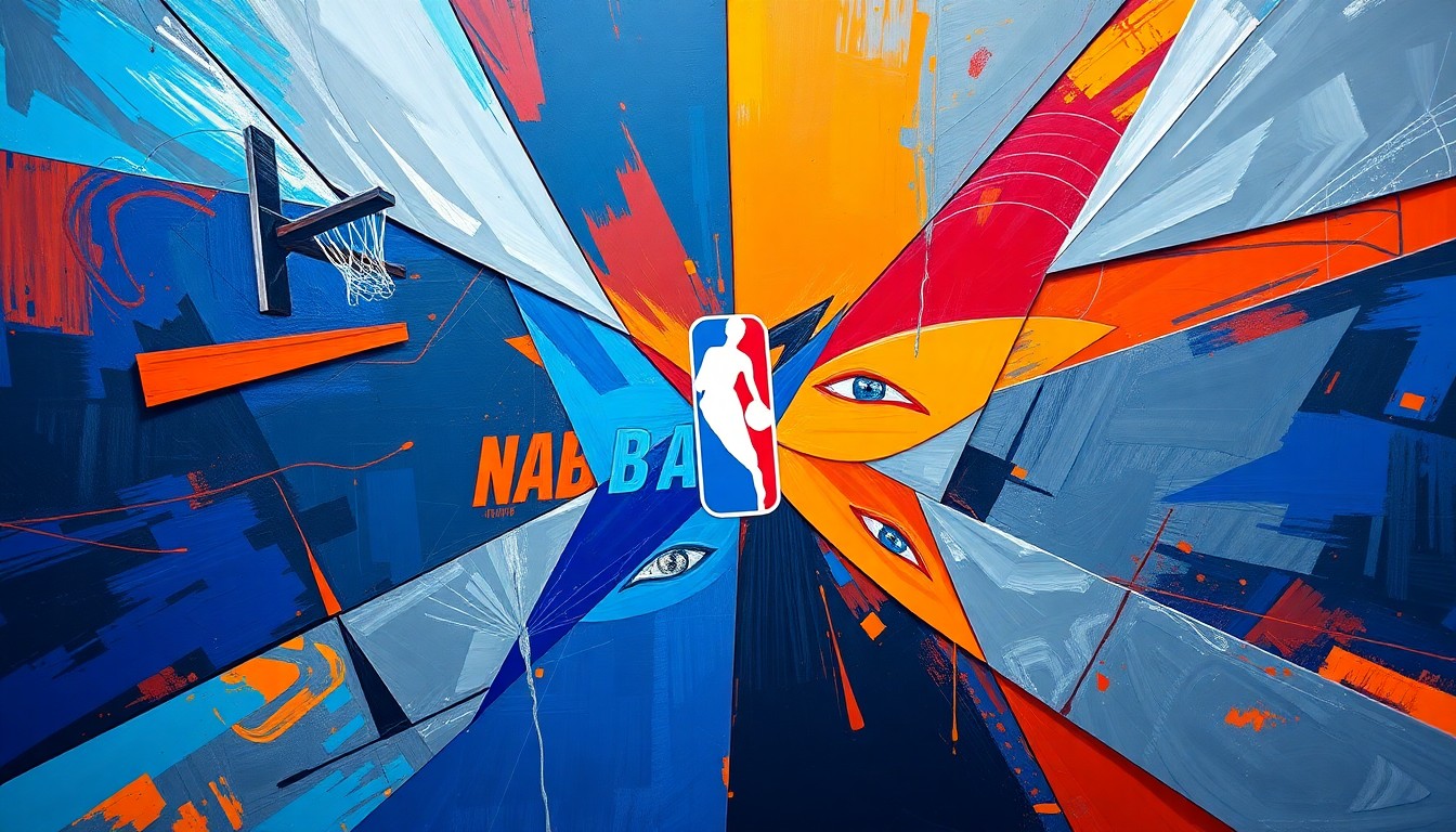 A cubist, geometric painting depicting the intense action and competition of the NBA Cup quarterfinal basketball games, with sharp, overlapping planes of vibrant colors representing the players, the court, and the energy of the tournament.