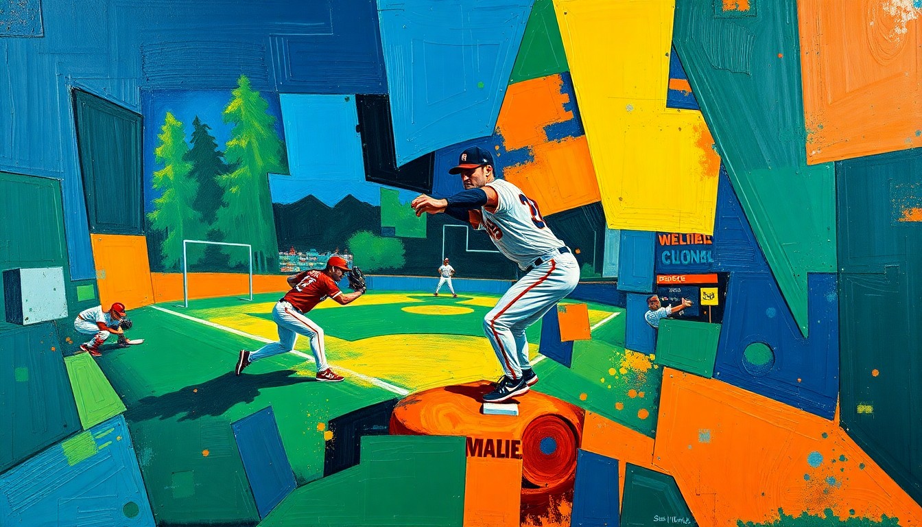 A fragmented, geometric painting depicting a baseball pitcher in motion, with sharp planes of color and form representing the complex legacy of the 1987 trade that sent John Smoltz from the Tigers to the Braves.