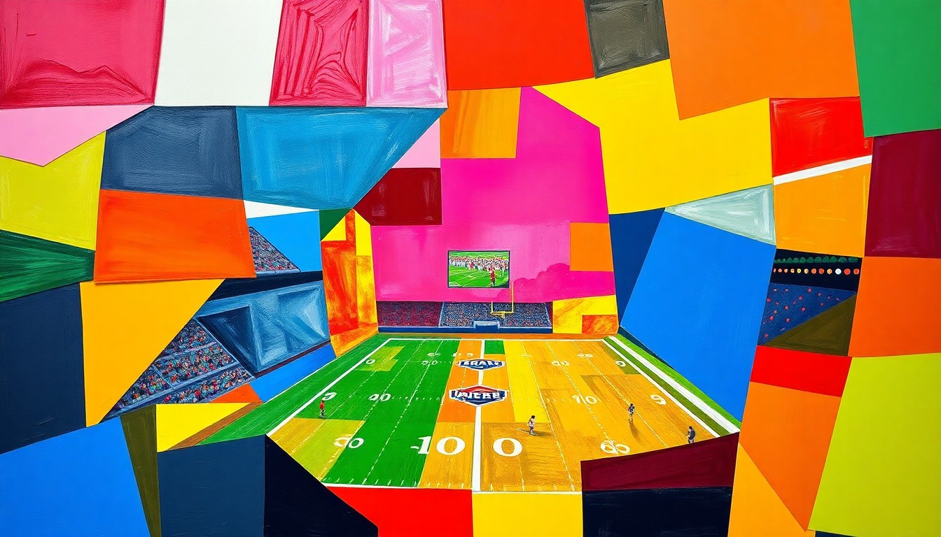 A cubist, geometric painting depicting a fragmented, multi-angled view of a UFL football game, with sharp planes of bright red, blue, and yellow colors representing the intense action on the field.