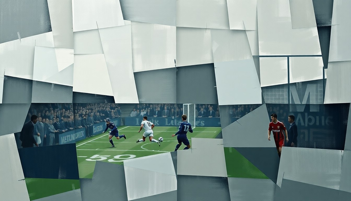 A cubist, geometric painting depicting a fragmented football match or competition, with sharp, overlapping planes of muted colors representing the serious tone of the controversy surrounding Piers Morgan's controversial take.