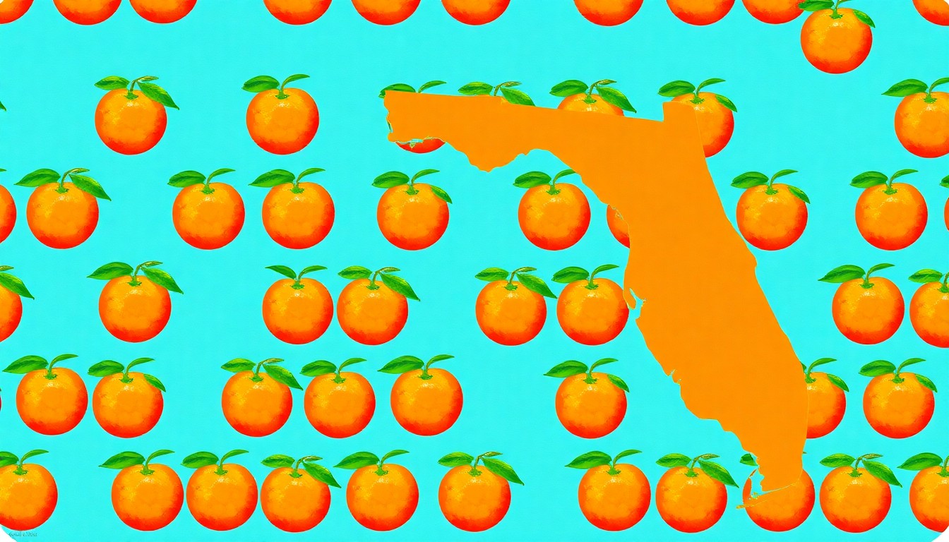 A bold, graphic illustration featuring a repeating pattern of bright orange citrus fruits against a vibrant background, conceptually representing the celebratory nature of Florida's State Day festivities.