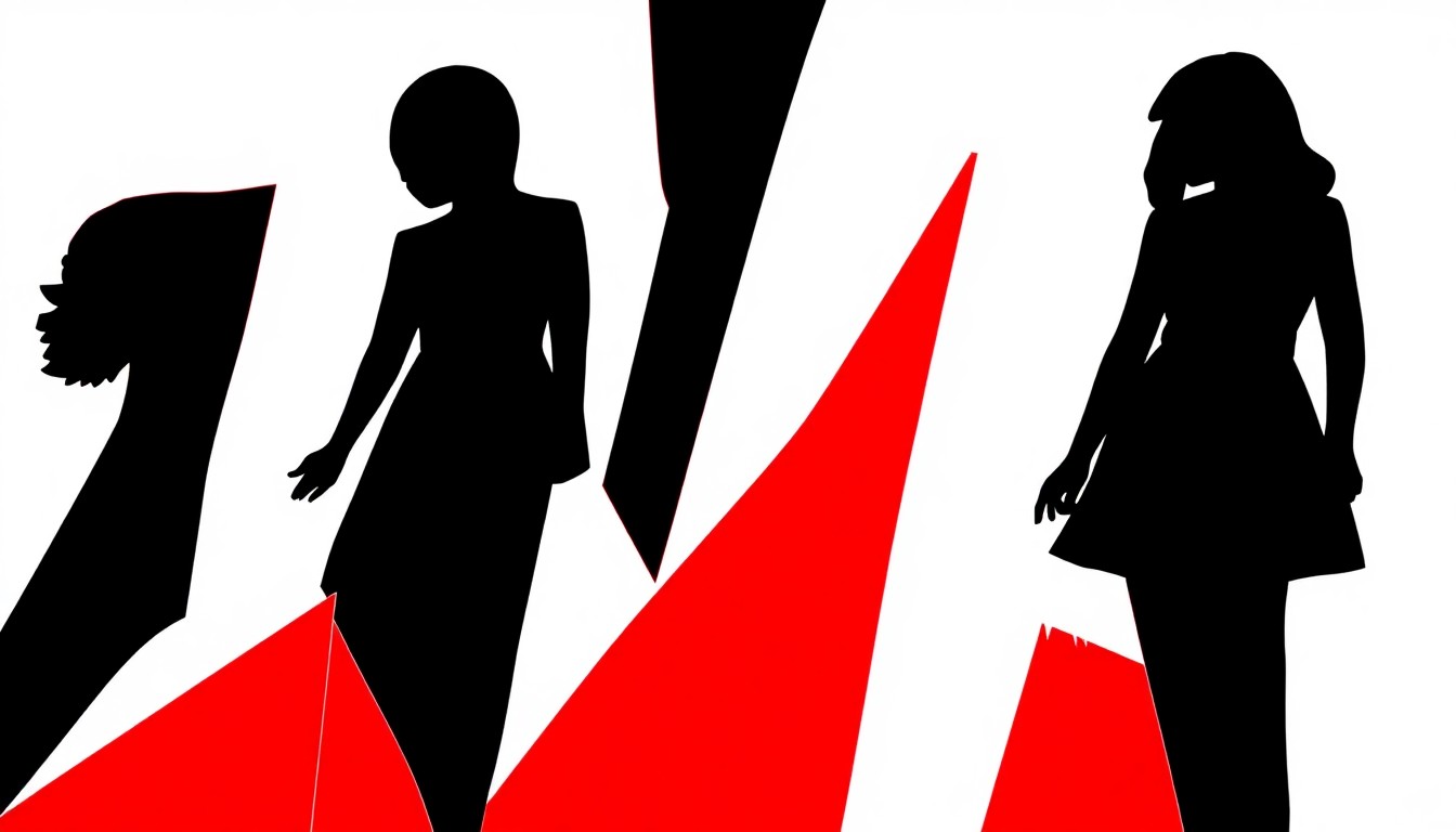 A striking abstract composition of bold, angular black and red shapes, conceptually representing the themes of feminism, social justice, and the immigrant experience explored in the upcoming Oklahoma City theater productions.