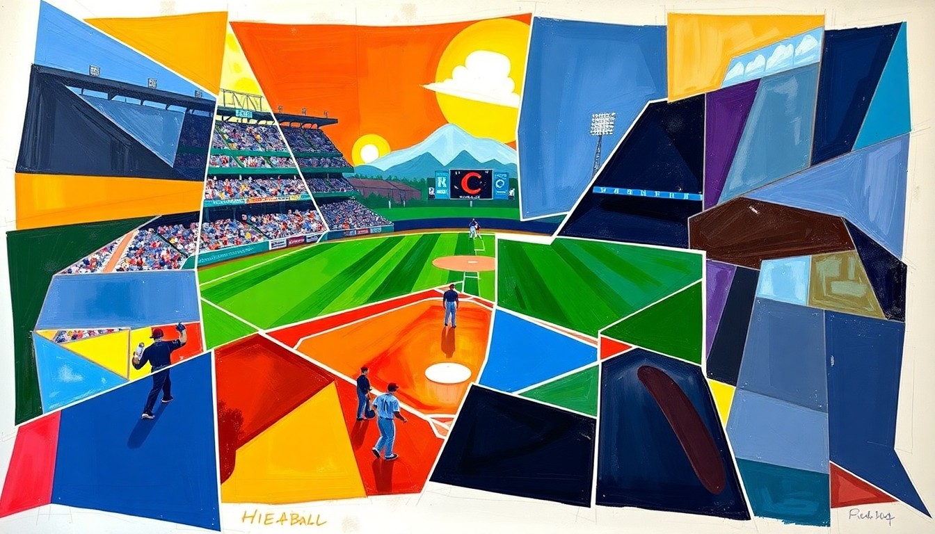 A cubist, geometric painting depicting a baseball game, with the players and field broken down into sharp, overlapping planes of color representing the official team colors of the Colorado Rockies and their opponent.