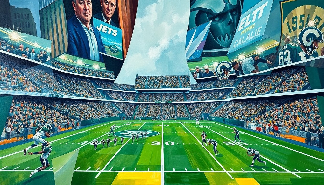 A cubist-style painting depicting a football game between the Jets and Rams, with the players and field broken down into sharp, overlapping geometric shapes and planes of color.