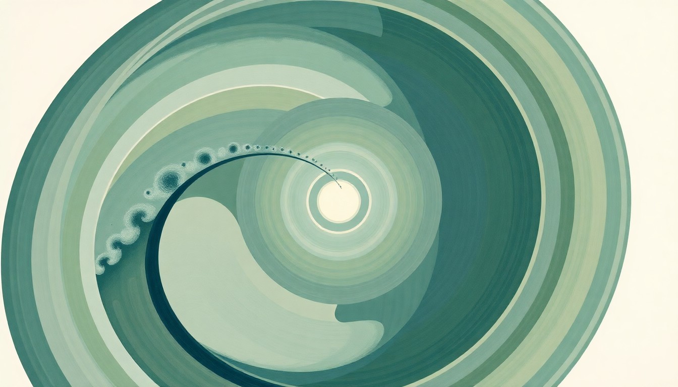 A highly structured abstract painting in muted tones of green, blue, and gray, depicting a complex web of intersecting geometric shapes and spiraling forms that evoke the interconnected nature of marine ecosystems and the dynamic migration patterns of apex predators.