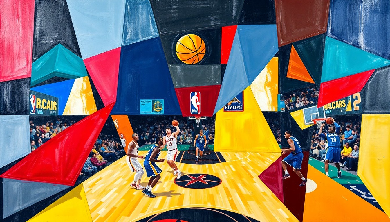 A cubist, geometric painting depicting an NBA basketball game broken down into overlapping planes of color, representing the complex playoff scenarios unfolding on the final day of the season.