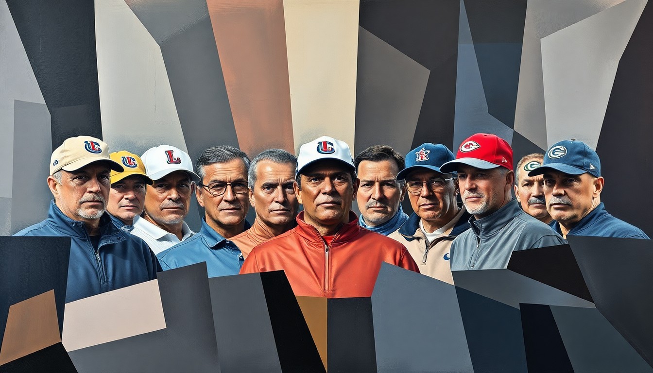 A cubist-style painting depicting the annual NFL head coaches group photo broken down into sharp, overlapping geometric shapes and planes, conceptually representing the missed photo opportunity.