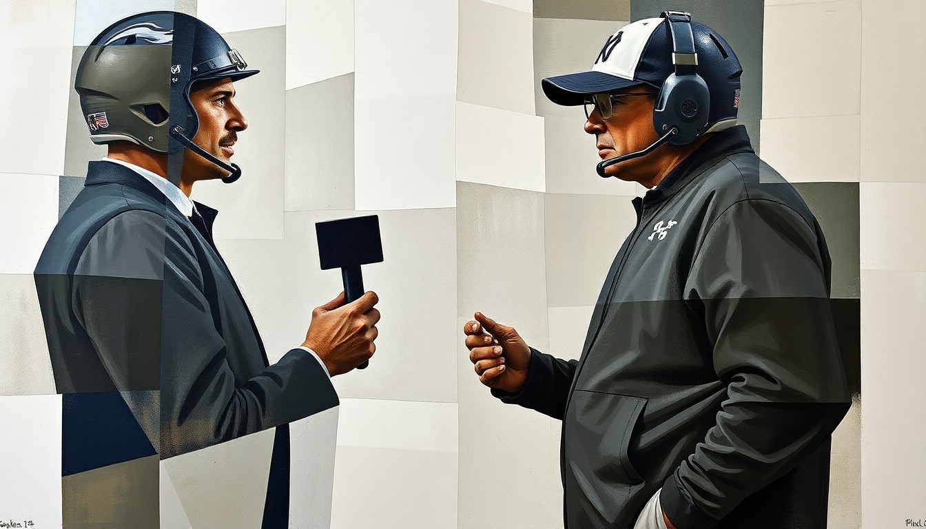 A cubist, geometric painting depicting fragmented, overlapping shapes and planes in muted earth tones, representing the complex relationship between a sports reporter and a football coach.