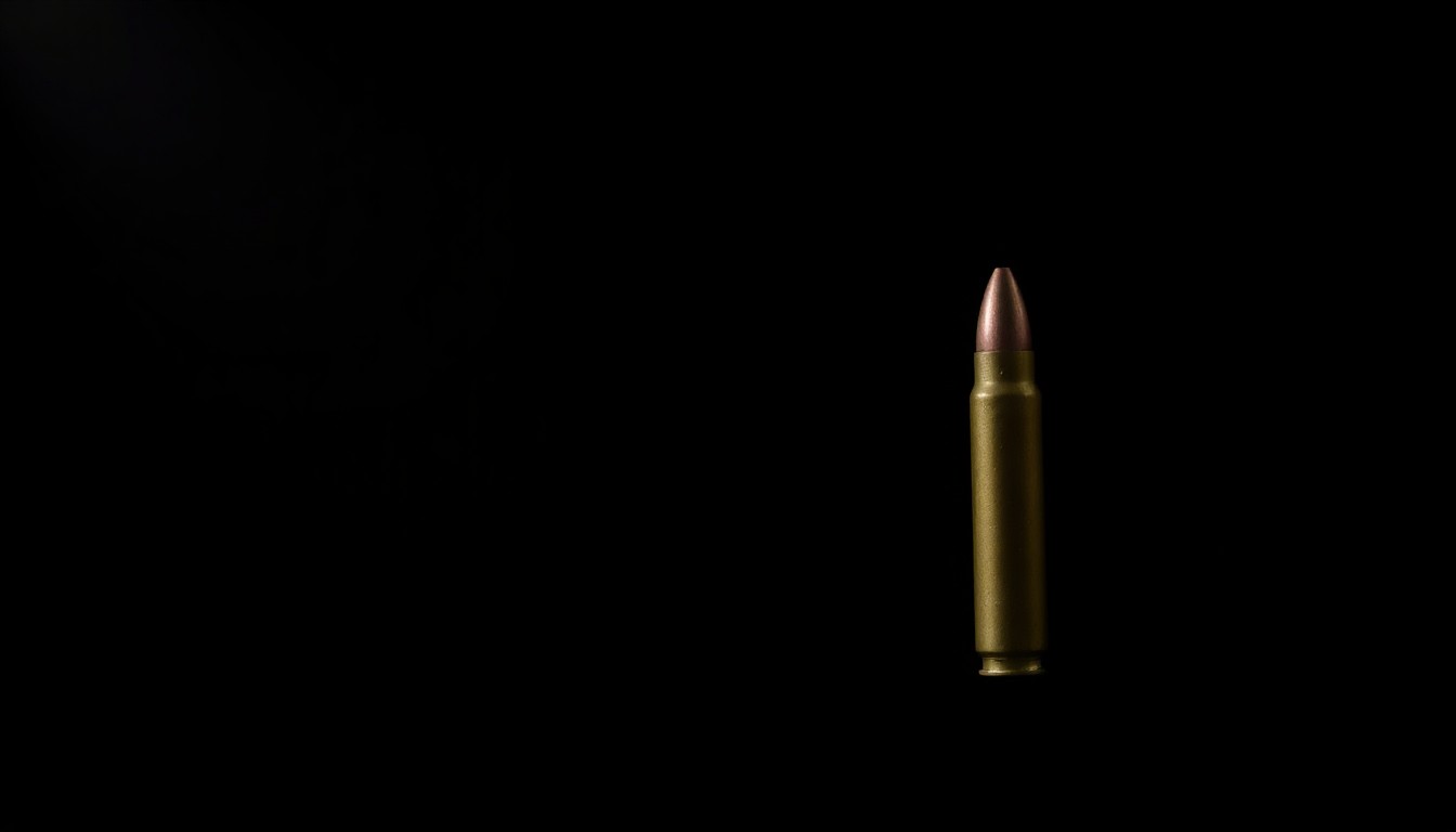 An extreme close-up of a single bullet casing against a pitch-black background, the harsh lighting creating a stark, gritty, and investigative aesthetic that conceptually represents the violence at the heart of this story.