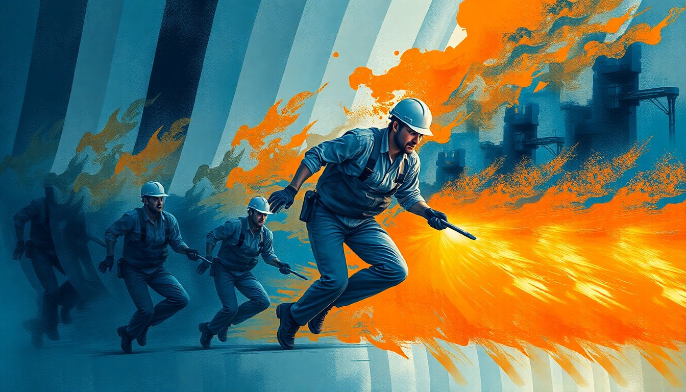 A conceptual illustration depicting the complex economic and political landscape surrounding the Trump administration's trade policies, with a fractured, geometric painting of a factory worker in motion repeated in overlapping waves of industrial blue, steel grey, and fiery orange.