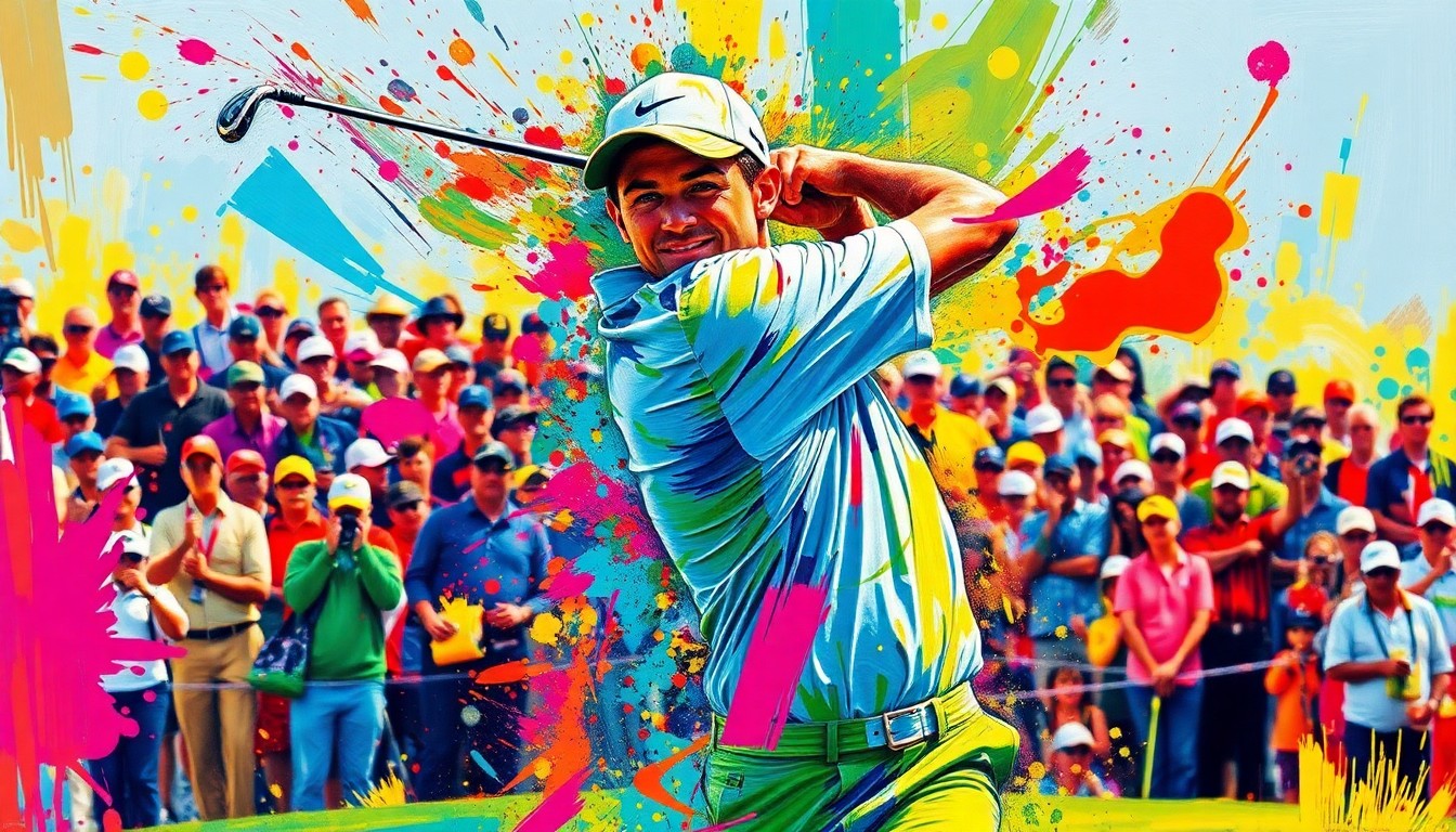 An abstract, expressionist painting featuring vibrant brushstrokes of neon colors capturing the dynamic motion and energy of a golfer's swing, with the golf course and surroundings dissolving into a blur of color.