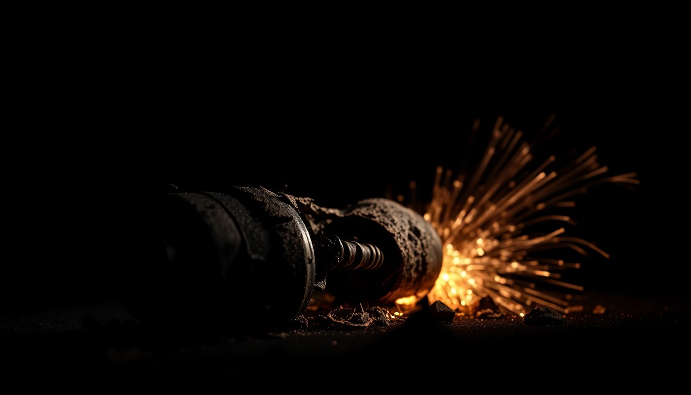 An extreme close-up photograph of a charred, twisted metal object from a fireworks explosion site, conveying the gritty, investigative nature of the incident through dramatic lighting and stark composition.