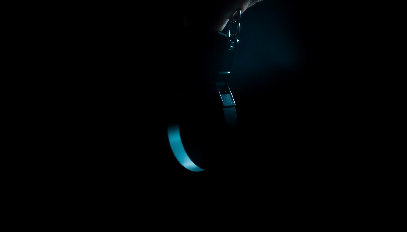 An extreme close-up photograph of a metal handcuff, the harsh flash illuminating the textured surface and creating dramatic shadows, conceptually representing the arrest of the accused teacher.