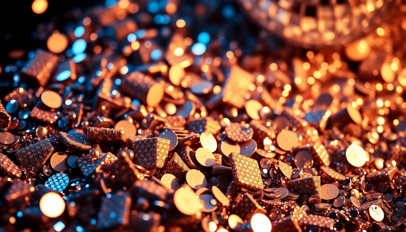 An extreme close-up photograph showcasing the luxurious textures of sequins and shattered disco ball fragments, capturing the high-energy and glamorous aesthetic of a Las Vegas-themed home renovation competition.