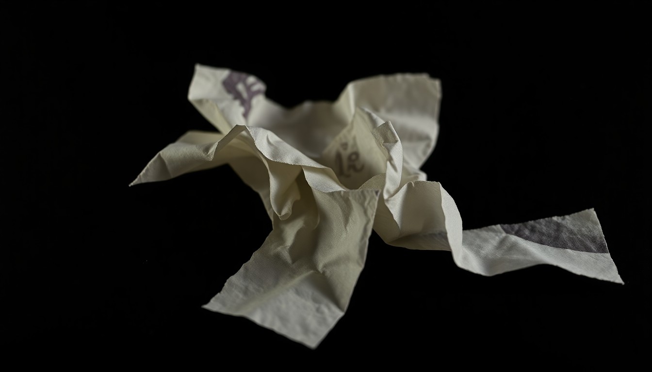 An extreme close-up photograph of a crumpled bank deposit slip or torn currency, capturing the gritty aftermath of a bank robbery in stark, dramatic lighting.