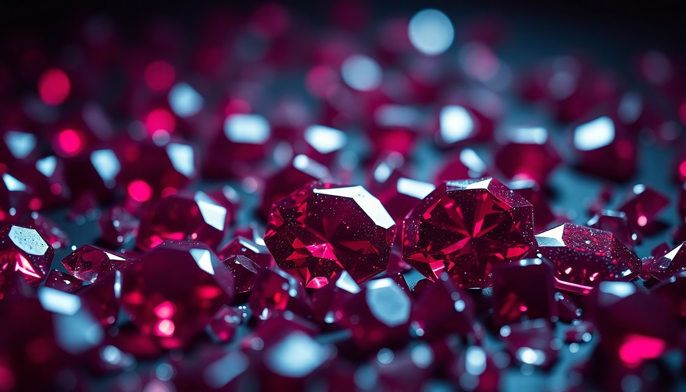 An extreme close-up of sparkling ruby gemstones reflecting dramatic studio lighting, conveying the luxurious and enigmatic nature of the precious jewel at the center of the new book.