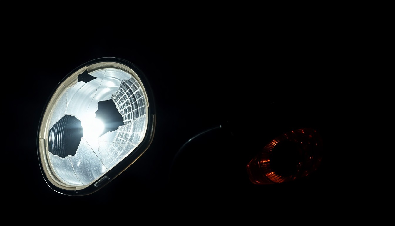 An extreme close-up photograph of a damaged motorcycle part, such as a broken mirror or shattered taillight, lit by a harsh, direct camera flash against a pitch-black background, conceptually illustrating the aftermath of a fatal motorcycle accident.