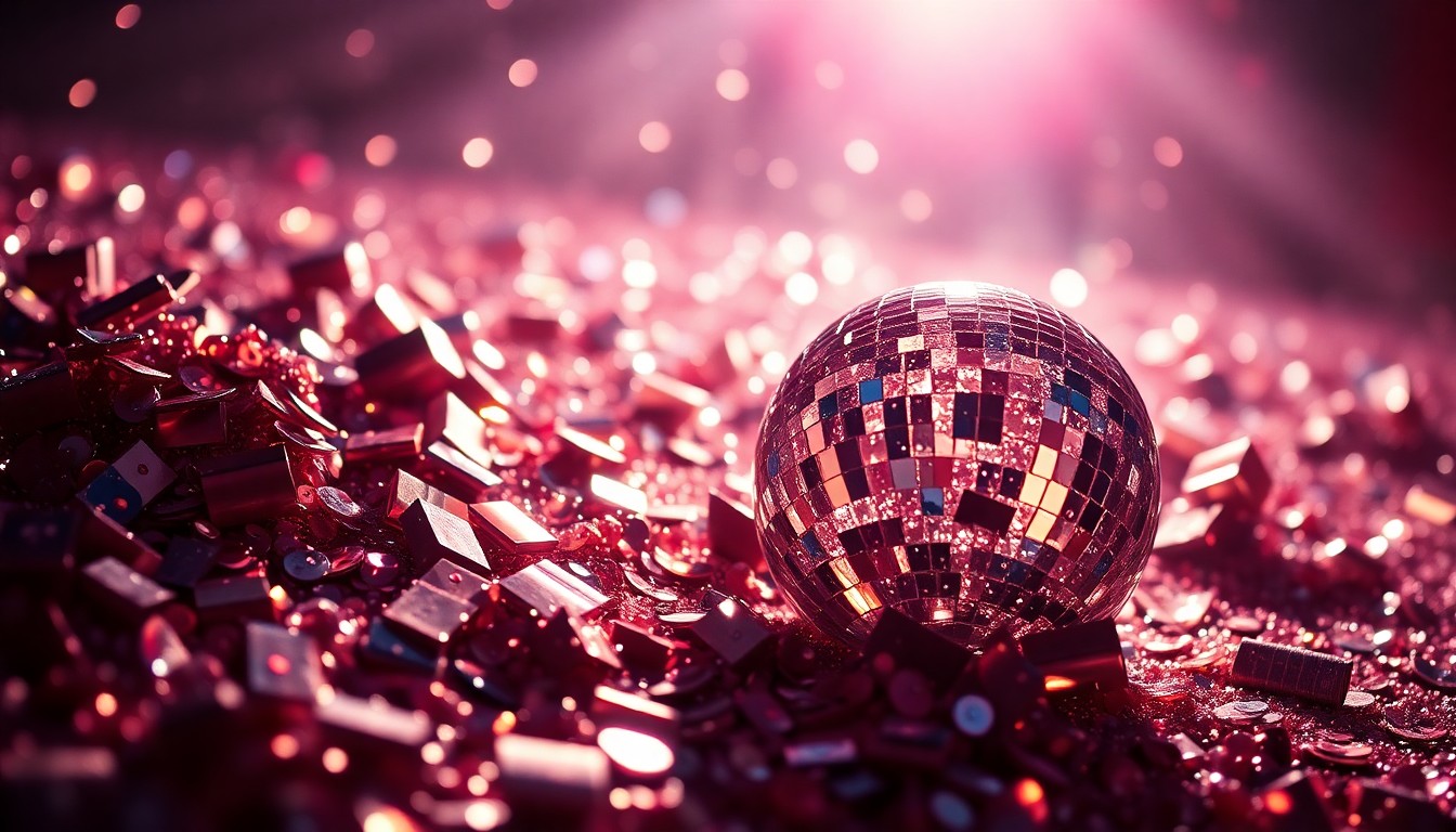 An abstract close-up photograph of shimmering sequins and shattered glass, capturing the glitz and energy of a music festival performance.