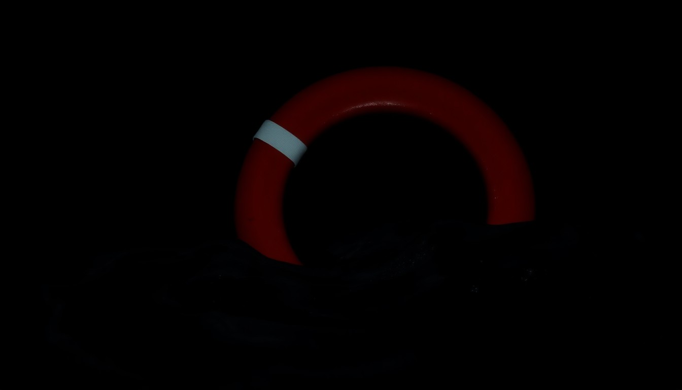 An extreme close-up photograph of a life preserver ring floating in dark, choppy waters, lit by a harsh camera flash against a pitch-black background, conceptually illustrating the search for a missing person near a major bridge.
