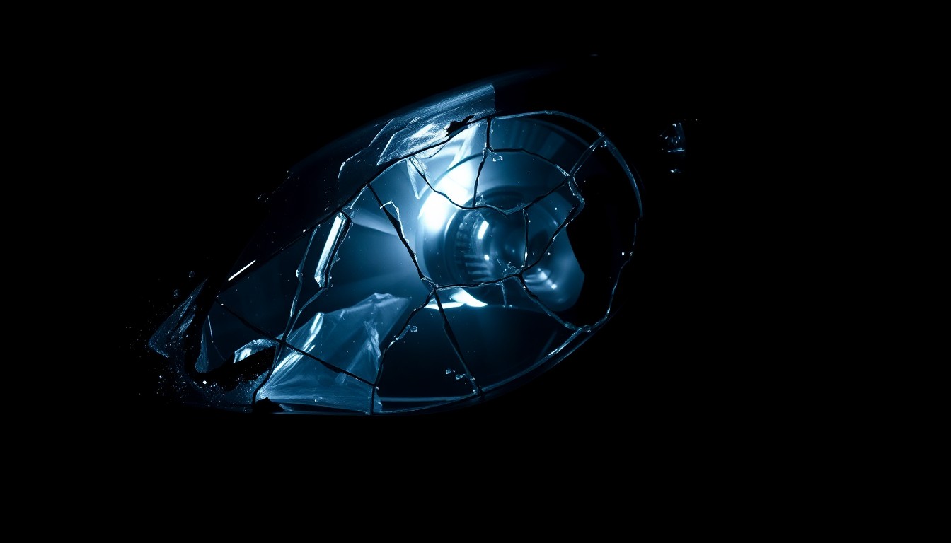 An extreme close-up photograph of a shattered car headlight lens, the broken glass and twisted metal conceptually representing the aftermath of a serious car accident.