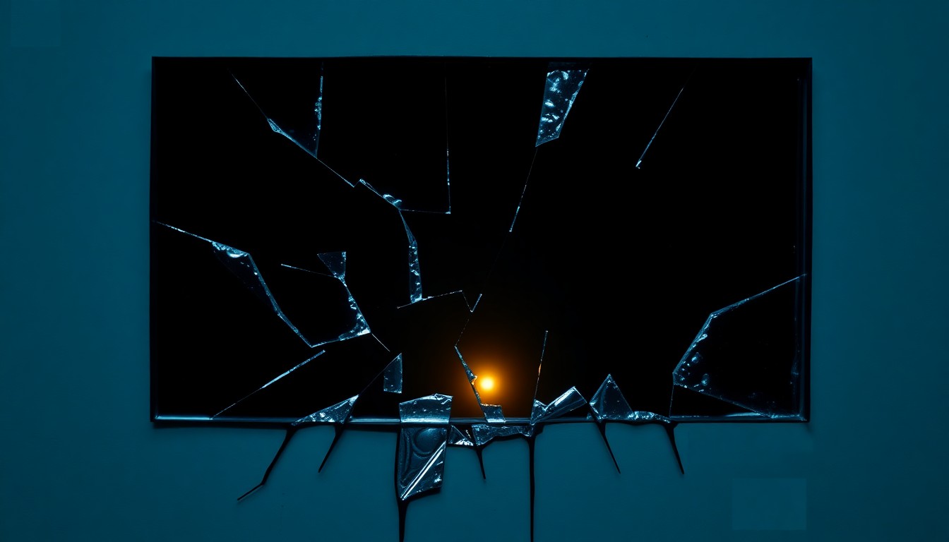 An extreme close-up of a shattered mirror reflecting a soft, glowing light, conveying the hidden complexities and struggles behind the scenes of a beloved television family.