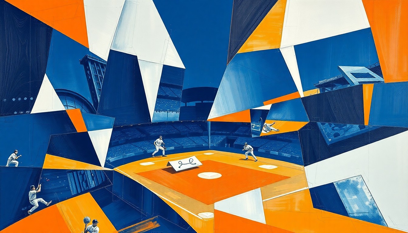 A cubist, geometric painting depicting a baseball game or match, with sharp, overlapping planes of navy blue, orange, and white representing the dynamic action on the field.