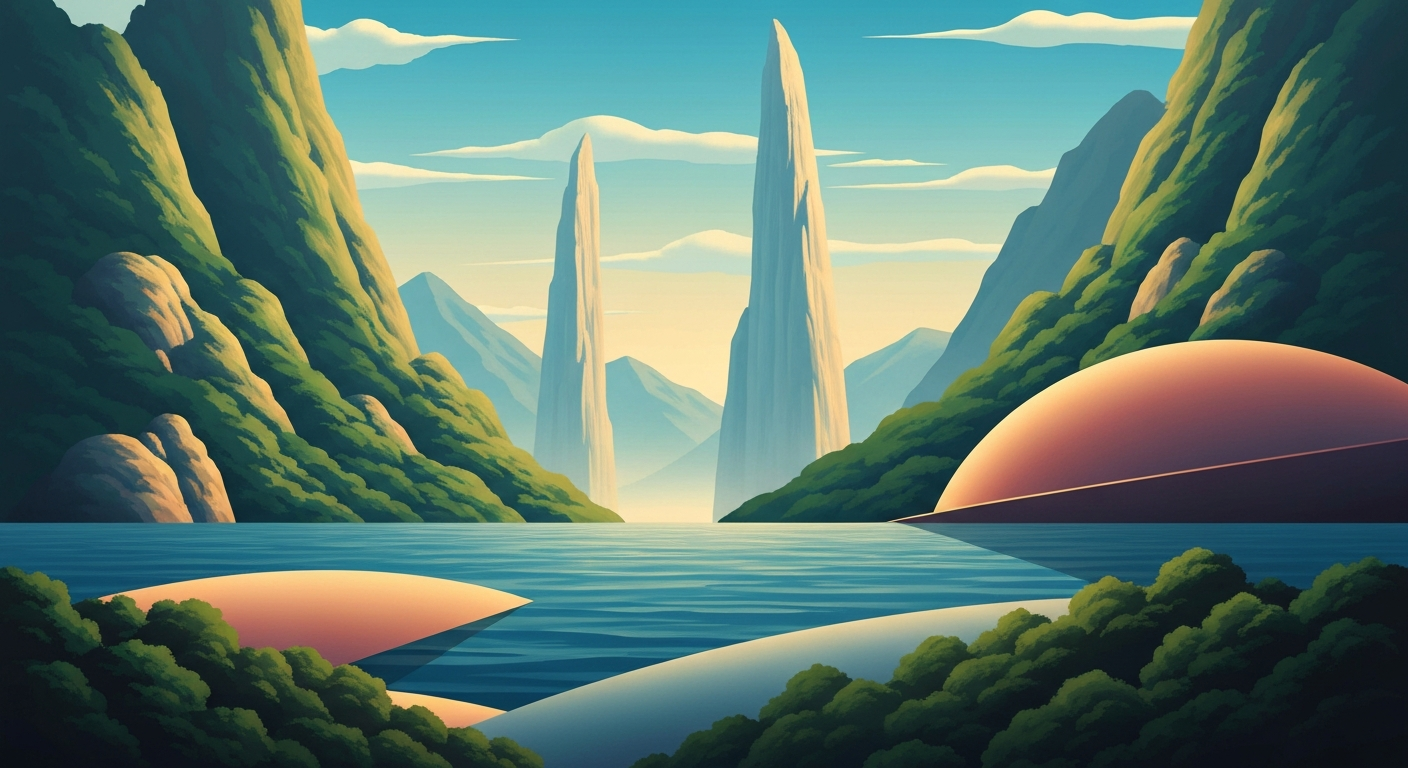 A highly stylized, geometric landscape illustration in shades of green and blue, capturing the grand scale and natural beauty of Federal Way's botanical gardens and outdoor spaces.